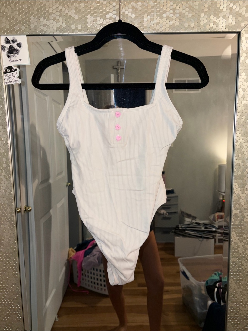 Stoney Clover Lane White Ribbed One-Piece Swimsuit with Pink Buttons